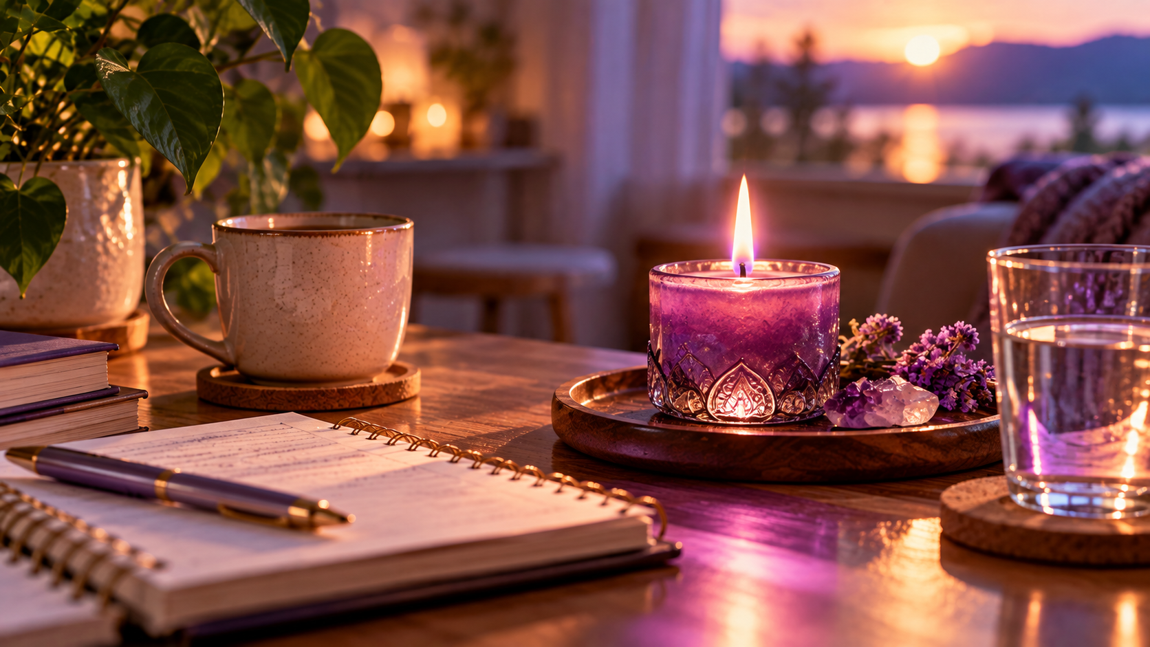 Bougie violette évoquant la Flamme violette, le moment présent et l’alignement intérieur.