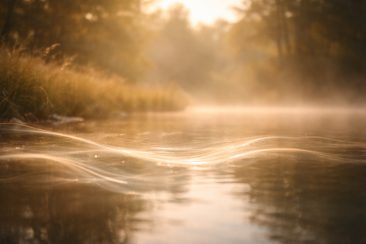 Ondes lumineuses à la surface de l’eau dans un paysage naturel apaisant, évoquant la fréquence intérieure, la présence et l’alignement.