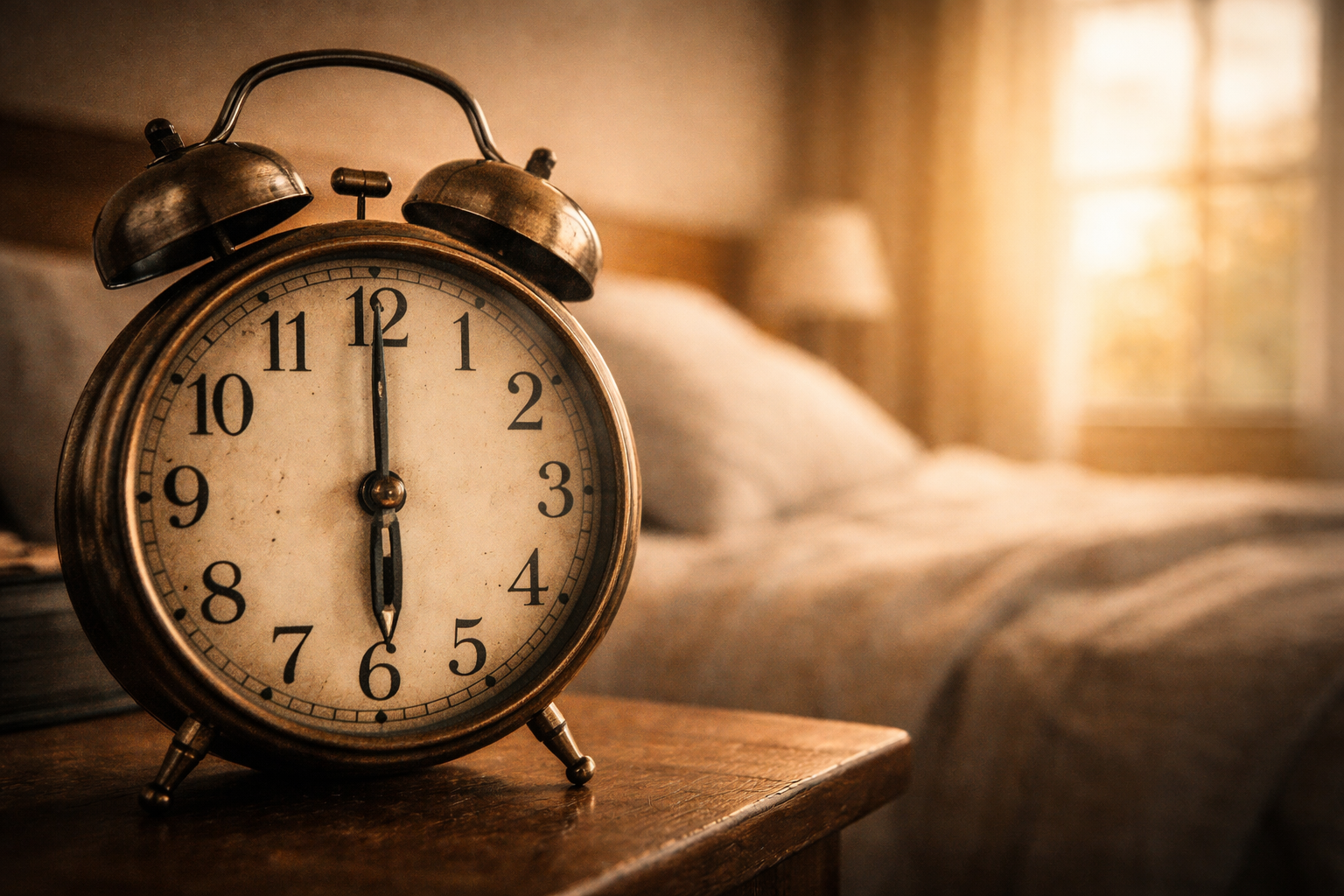 Réveil-matin ancien à 6 h sur une table de chevet, lit flou et lumière du matin, faisant référence au jour de la marmotte et à la répétition des mêmes journées.