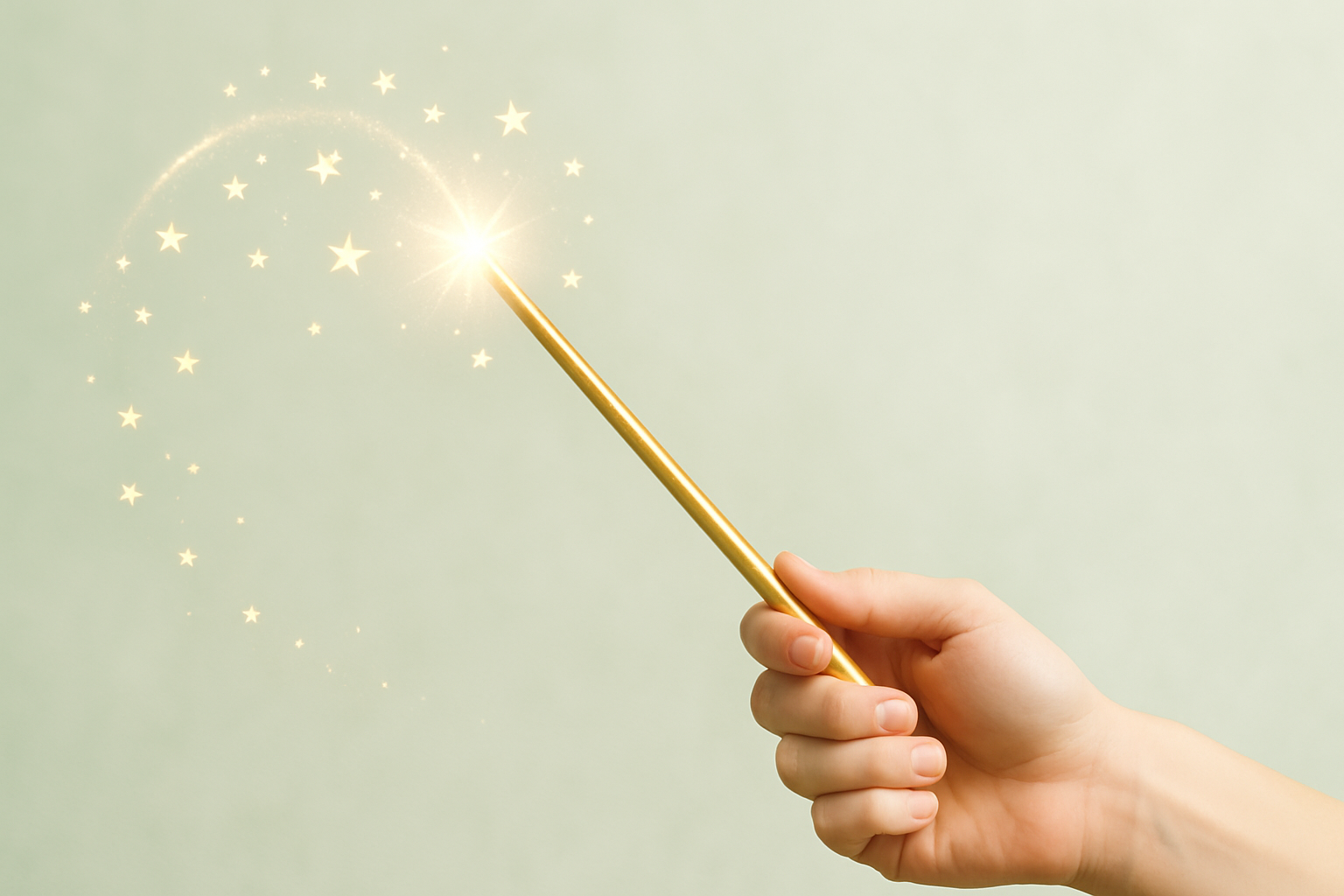 Illustration d’une baguette magique dorée symbolisant le changement et la transformation, avec des étoiles lumineuses sur fond vert pâle.