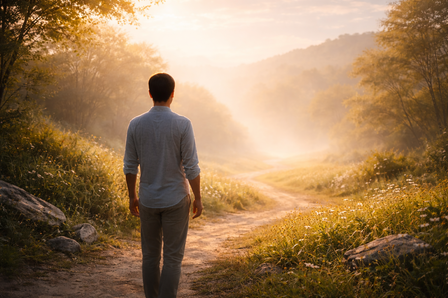 Personne sur un chemin lumineux, tournée vers un paysage ouvert et paisible.