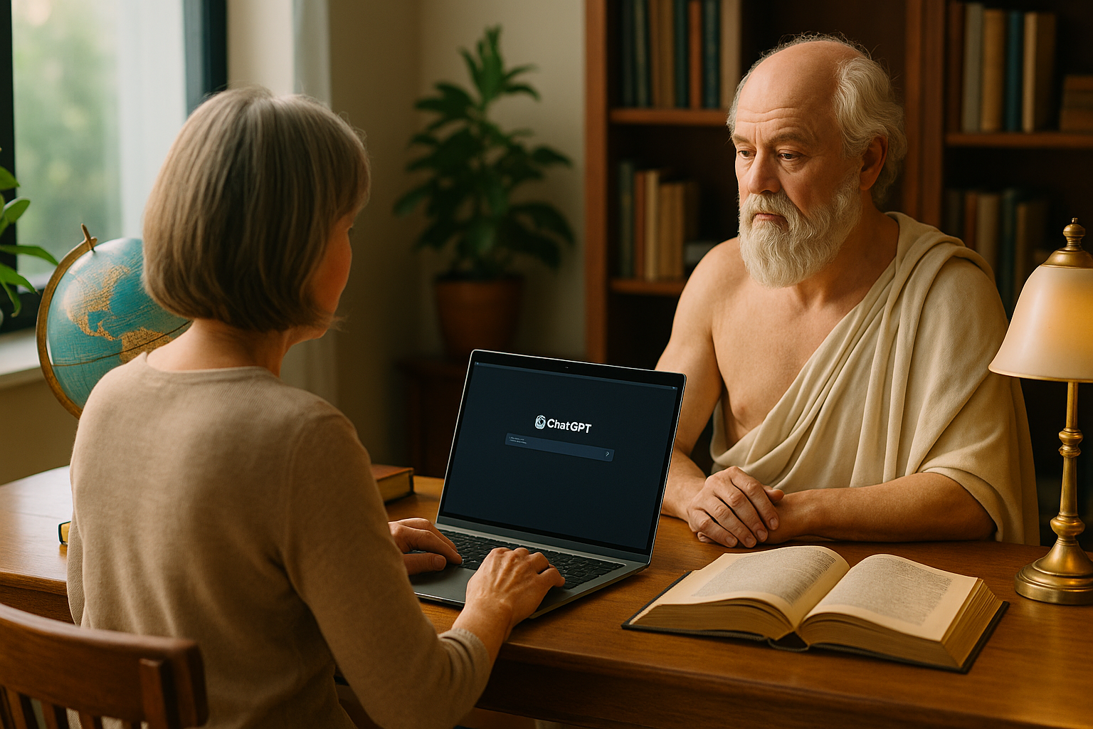 Femme de dos travaillant sur un ordinateur portable avec ChatGPT, face à une figure de Socrate, dans un bureau lumineux rempli de livres et d’objets symboliques liés à la connaissance de soi.