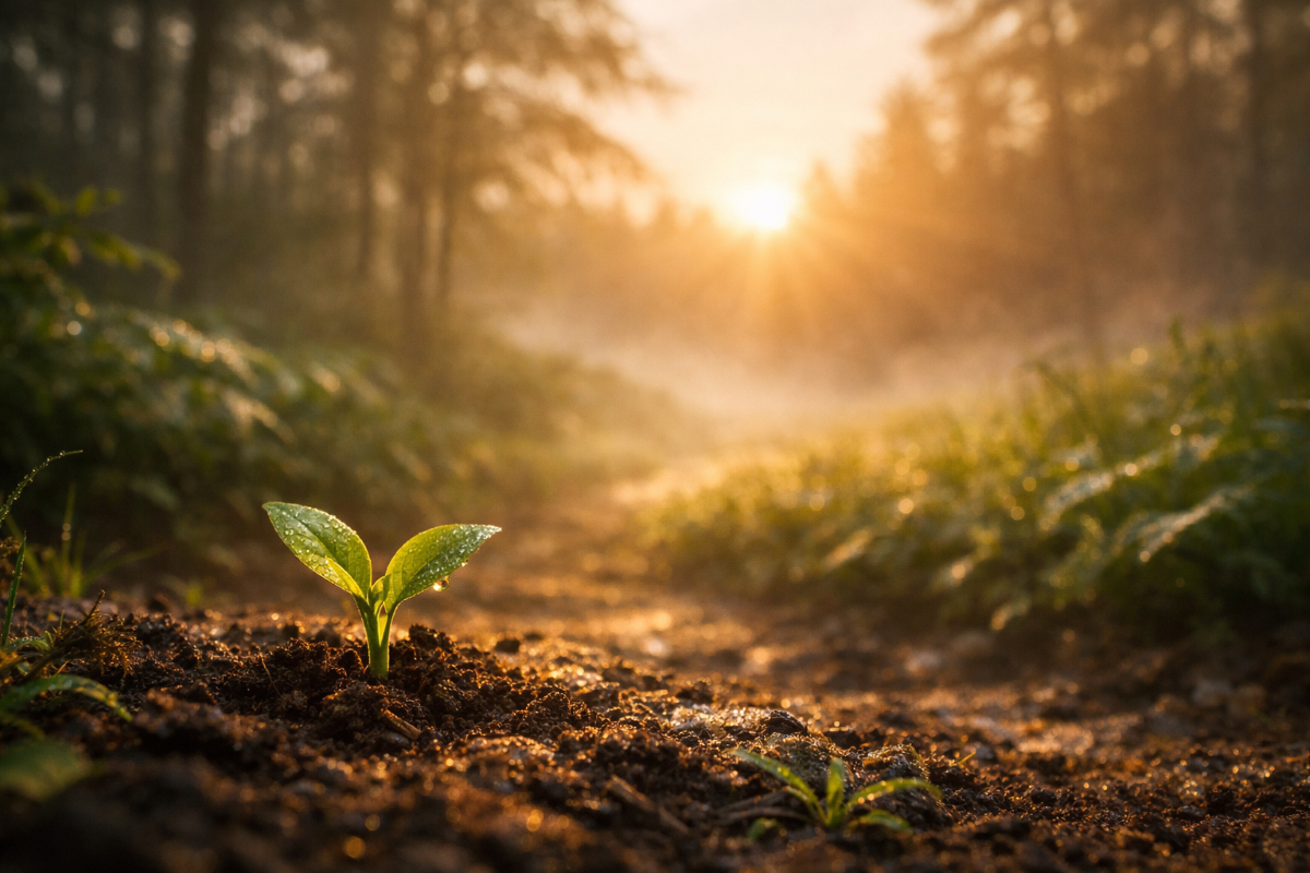 Petite pousse verte éclairée par la lumière du lever du soleil dans une forêt paisible, illustrant la vitalité naturelle qui soutient et nourrit la vie.