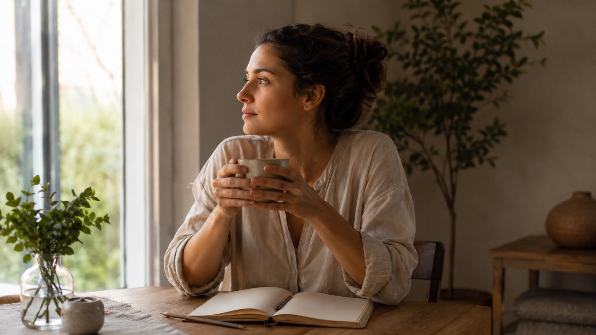 Femme en introspection près d’une fenêtre, évoquant l’écoute intérieure, le désir de changement et la transformation douce.