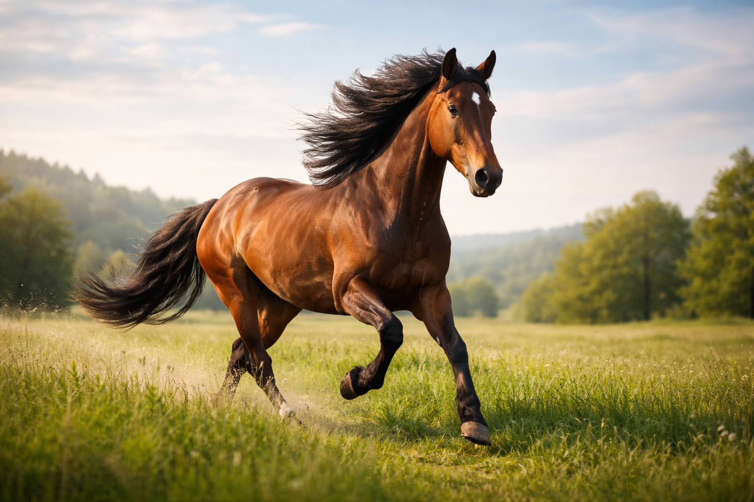 2026 Année du cheval - On y voit un cheval brun courant librement dans un pré verdoyant sous un ciel clair aux nuages fins, symbole de liberté, d’élan et de mouvement naturel.