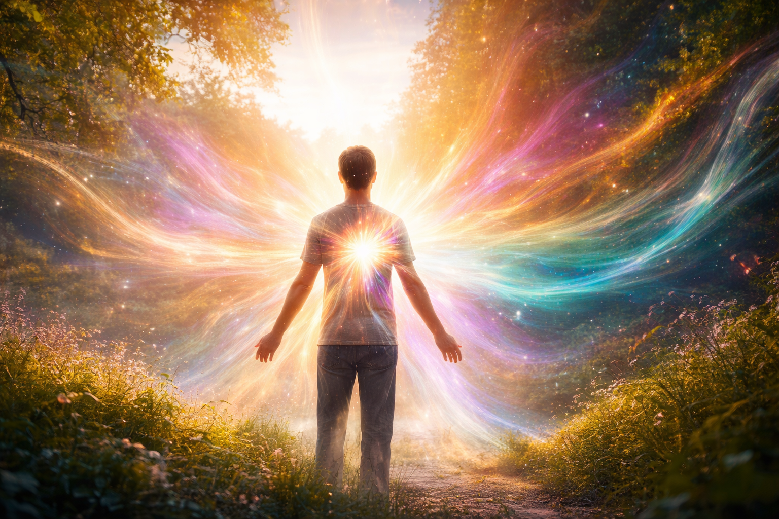 Personne debout dans la nature, traversée par un jaillissement lumineux et coloré, symbolisant la liberté d’être, l’éveil intérieur et l’expansion de la conscience.