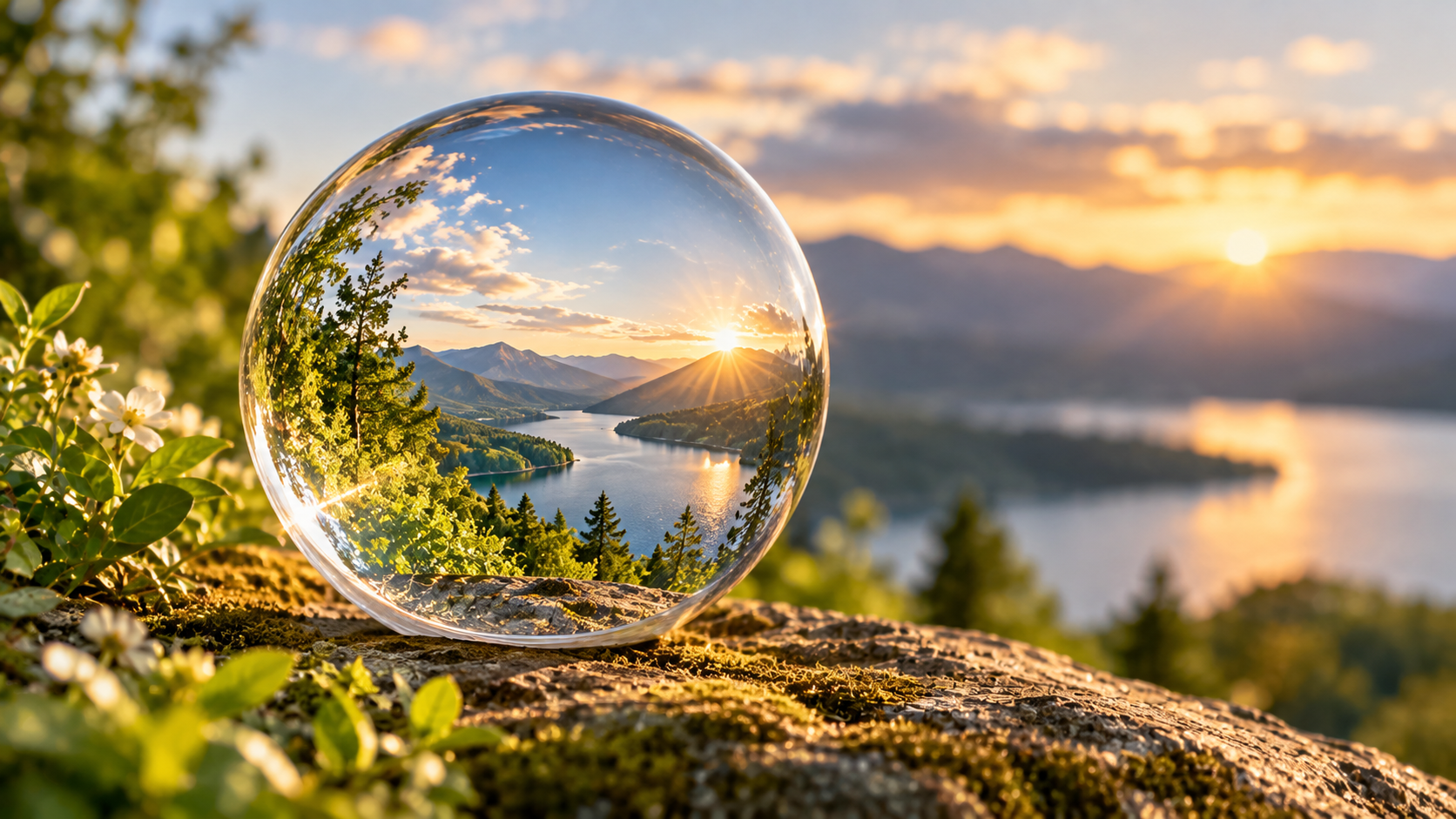 Sphère de verre reflétant un paysage naturel, symbole de la Nouvelle Terre et de l’alignement vibratoire.