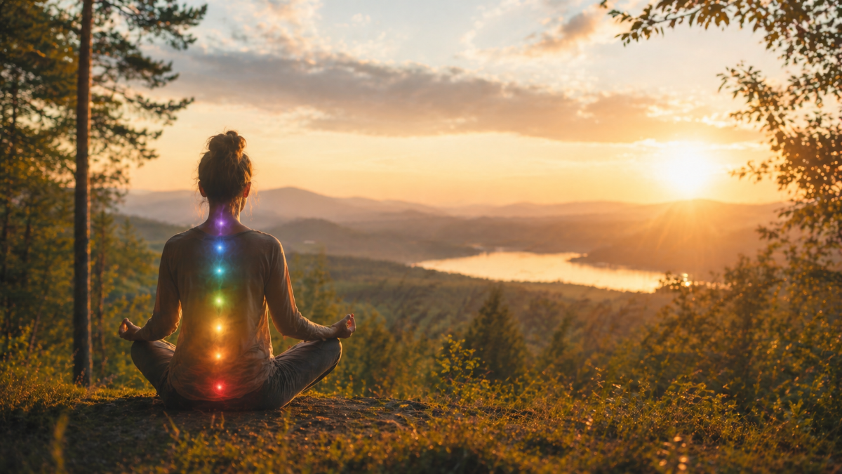 Femme assise en méditation dans un paysage naturel au coucher du soleil, avec une lumière douce le long du corps évoquant les centres d’énergie et la respiration consciente.