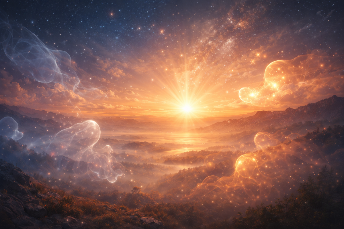 Paysage lumineux et contemplatif sans présence humaine, où la lumière et des formes subtiles évoquent la conscience, les croyances et la transformation intérieure.