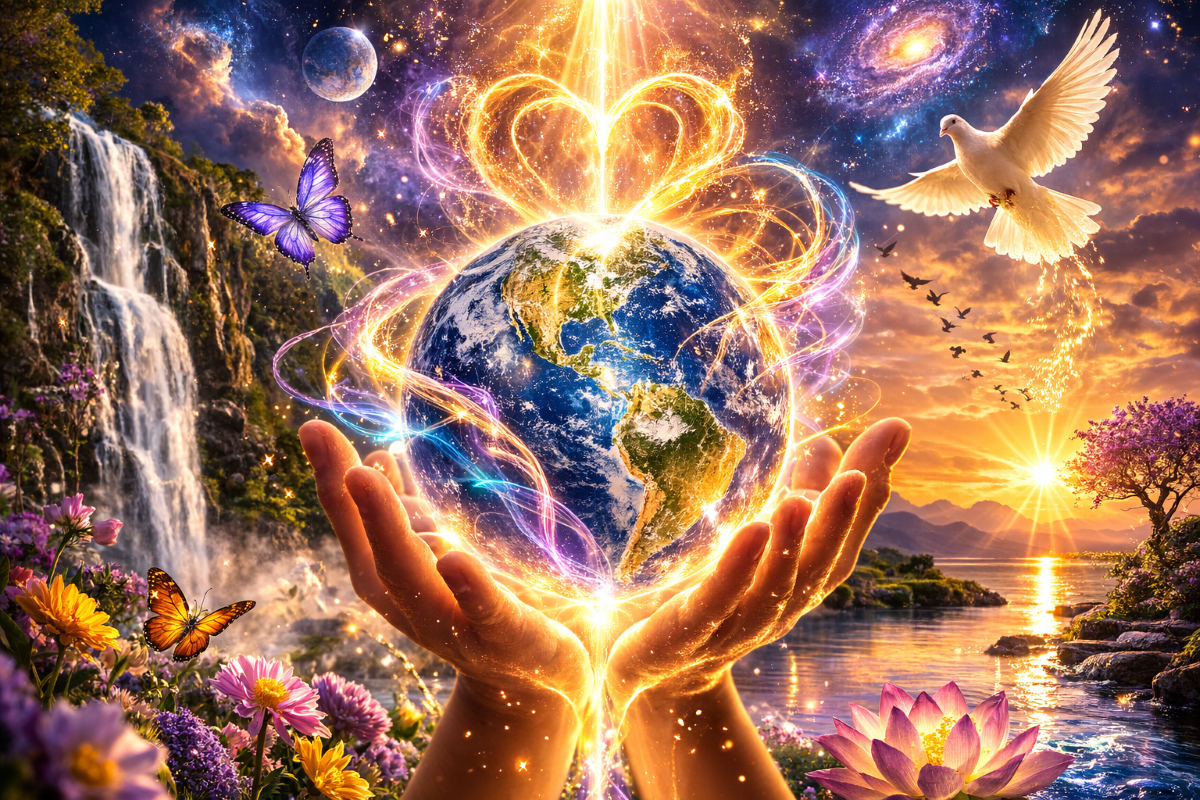 La Terre rayonnante dans des mains lumineuses entourées d’énergie dorée et violette, symbole de connexion entre le monde physique et les dimensions spirituelles.