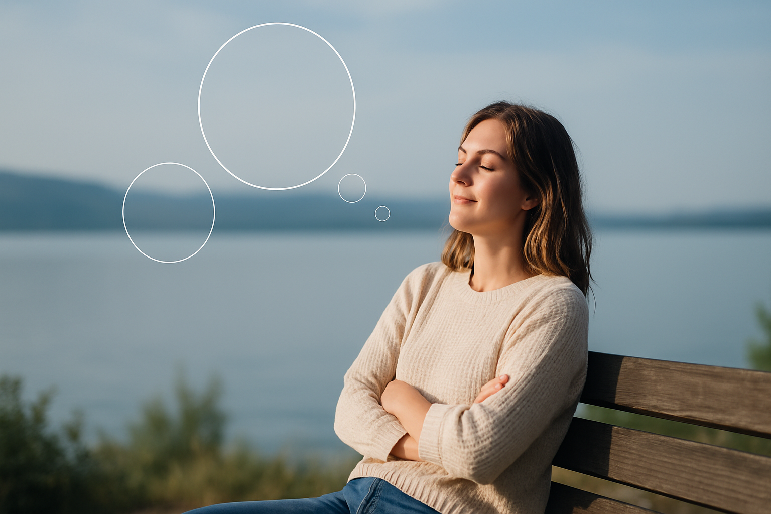 Femme assise au bord d’un lac, yeux fermés, en pleine réflexion, avec des bulles transparentes symbolisant des rêves encore flous.