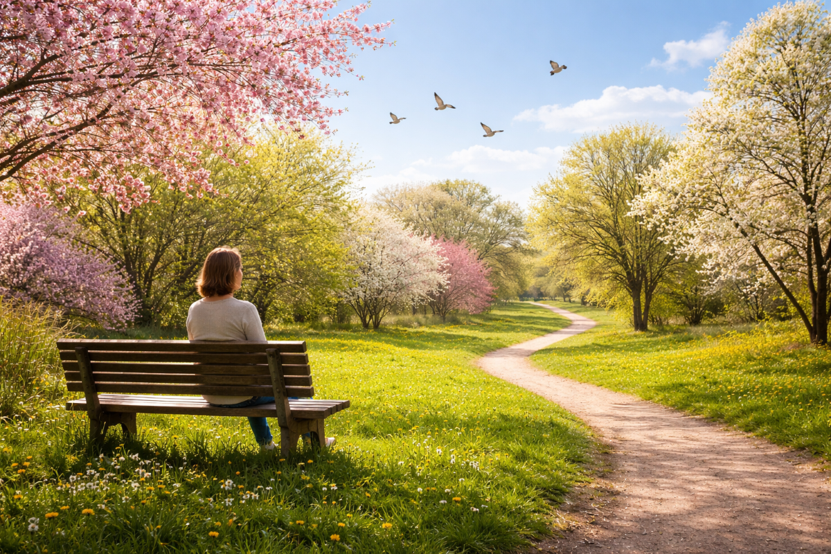 Paysage de printemps avec personne assise sur un banc, arbres en fleurs, chemin lumineux et ciel bleu avec oiseaux, symbole de calme, d’inspiration et de moment présent.