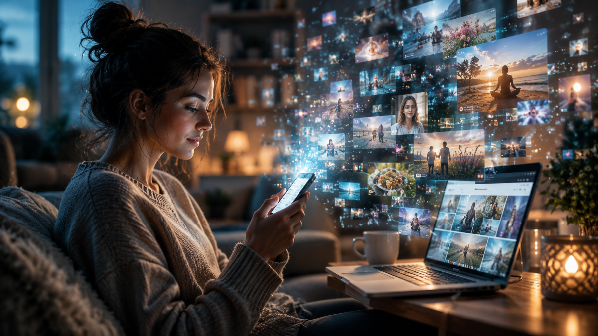 Personne utilisant son téléphone et son ordinateur dans une ambiance paisible, entourée d’images numériques symbolisant l’influence d’Internet sur nos pensées, nos émotions et notre attention.