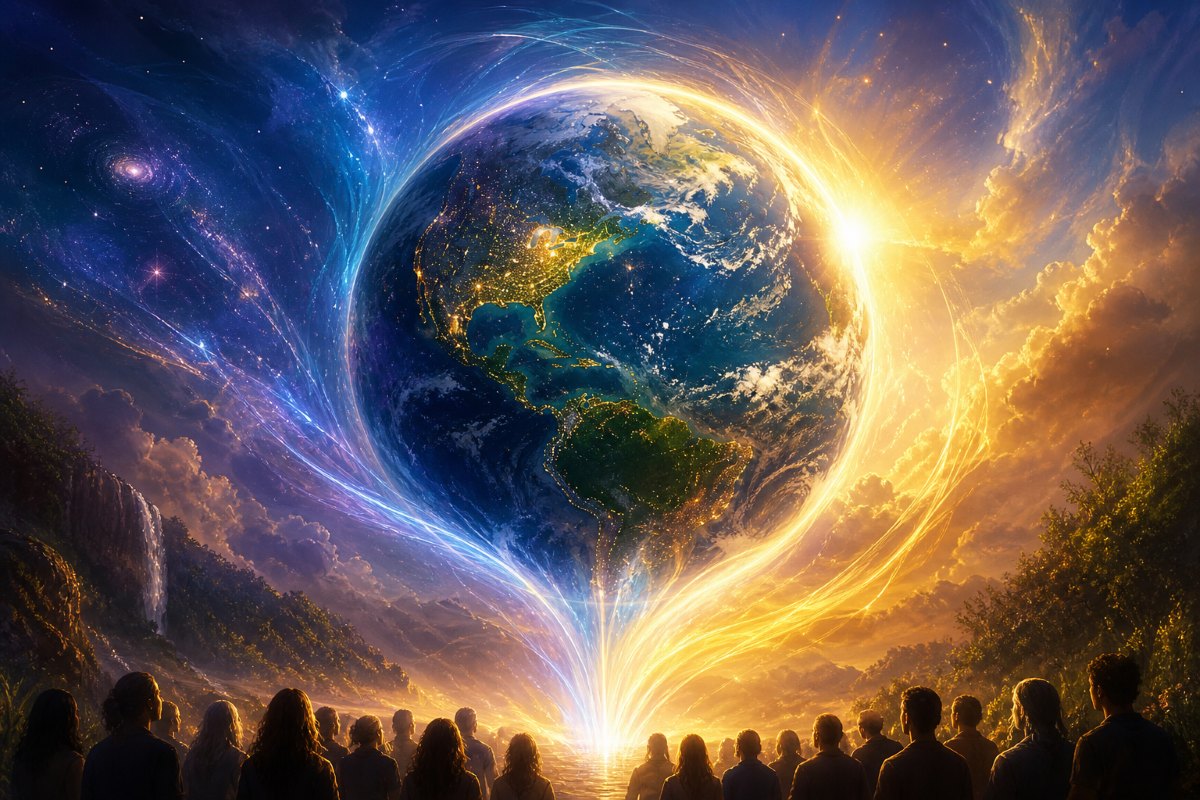 Planète Terre entourée d’une lumière cosmique et d’énergies lumineuses, symbolisant la transformation et l’évolution de la conscience humaine.