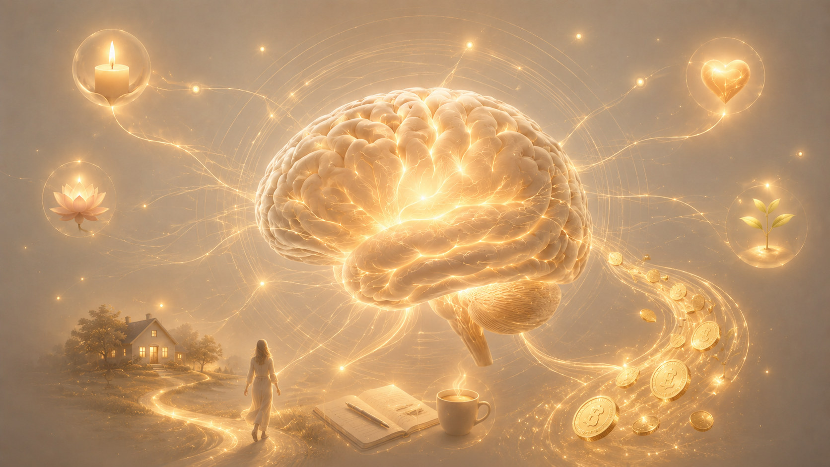 Cerveau lumineux relié à des éléments du quotidien, illustrant une intention qui devient vivante et prend forme dans la réalité.