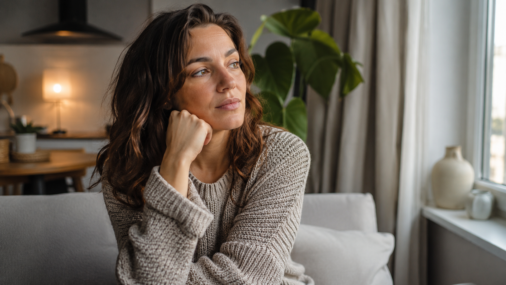 Femme regardant par la fenêtre et s'interrogeant du pourquoi du moment