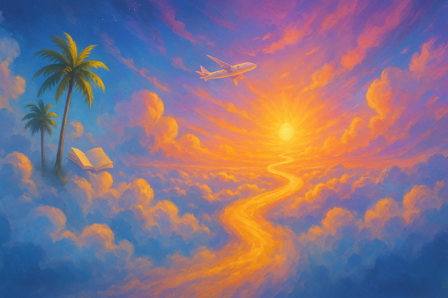 Paysage onirique avec chemin lumineux dans les nuages, palmiers, avion et ciel coloré — illustration du désir, de l’imagination et de la manifestation.