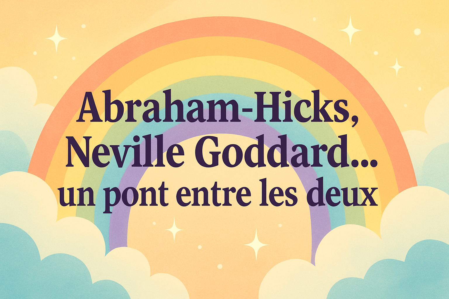 Illustration douce et colorée représentant un arc-en-ciel sur fond pastel avec la phrase « Abraham-Hicks, Neville Goddard… un pont entre les deux », évoquant l’harmonie entre deux approches vibratoires de la manifestation.