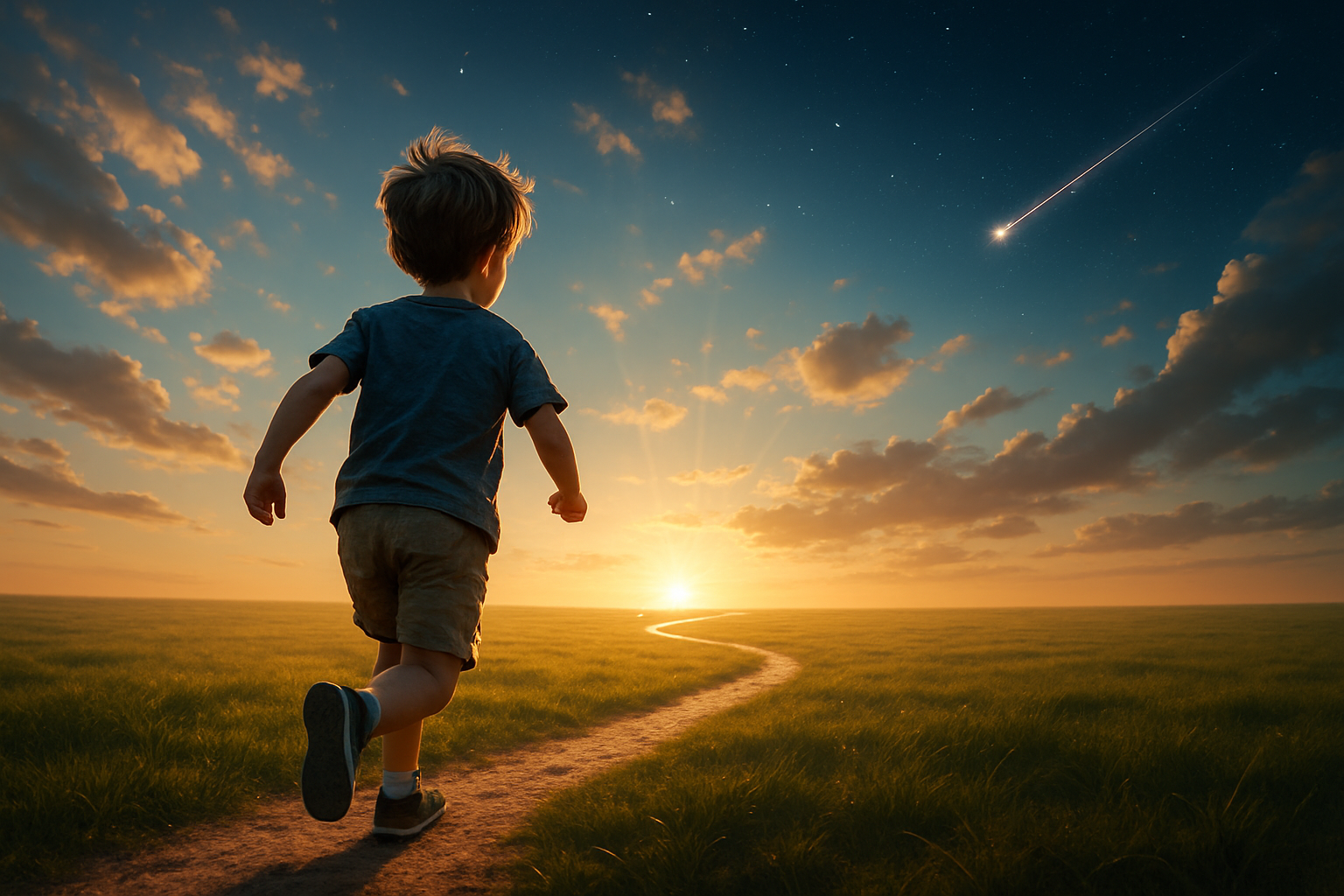 Champ ouvert baigné de lumière dorée, avec un sentier sinueux menant à l’horizon et des particules lumineuses dans le ciel évoquant la magie de la création.