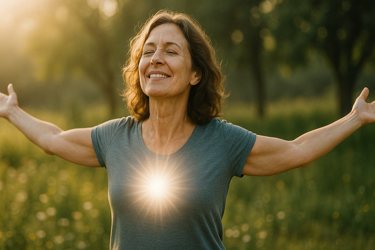 Femme debout les bras ouverts dans la lumière dorée, un rayonnement blanc vibrant émane de son cœur, exprimant joie, sérénité et abondance intérieure.