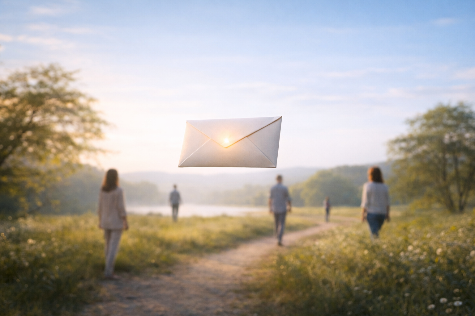 Enveloppe lumineuse flottante dans un paysage naturel avec des personnes à distance.