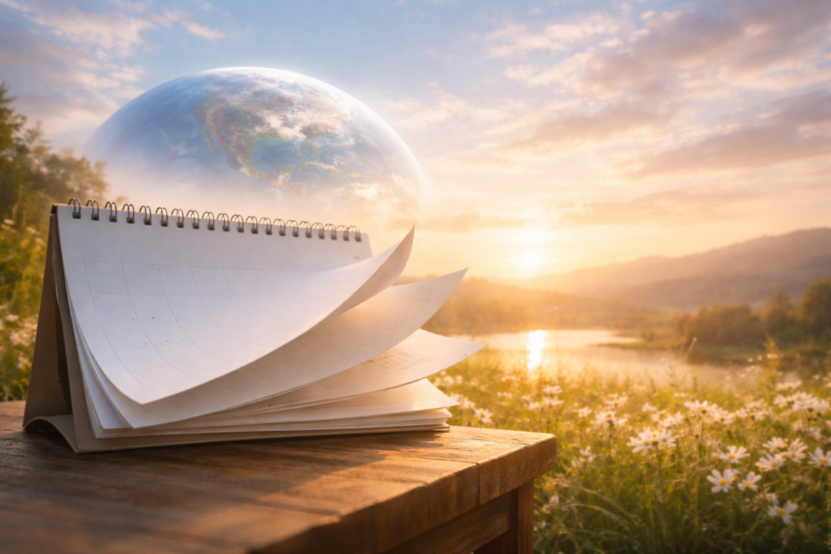 Calendrier aux pages tournantes dans un paysage lumineux avec la Terre à l’horizon.