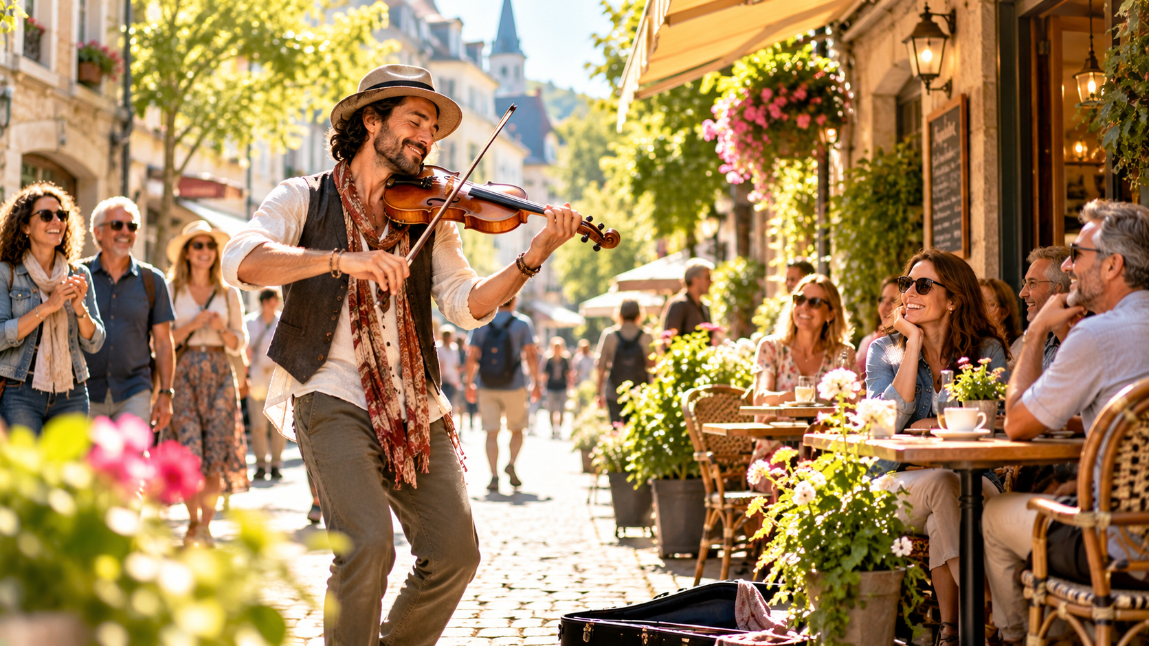 Violoniste jouant joyeusement dans une rue animée, illustrant la créativité, la joie de vivre et son influence positive sur les autres.