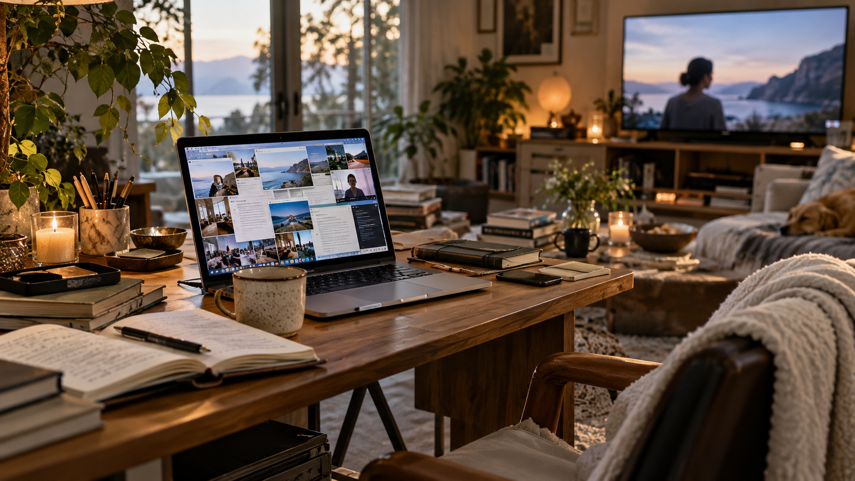 Bureau avec ordinateur ouvert, cahiers, livres et téléviseur allumé, évoquant la surcharge d’information et le besoin de revenir à soi.