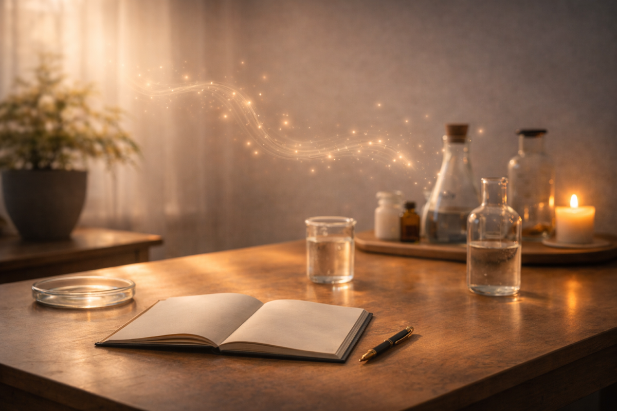 Bureau avec cahier ouvert et flacons, lumière douce et particules lumineuses évoquant la transformation intérieure.