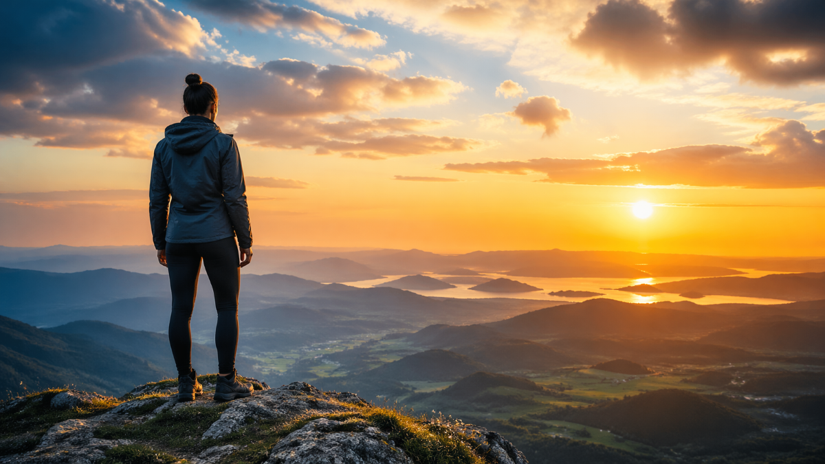 Personne debout sur un sommet rocheux au lever du soleil, contemplant un vaste paysage montagneux baigné de lumière dorée.