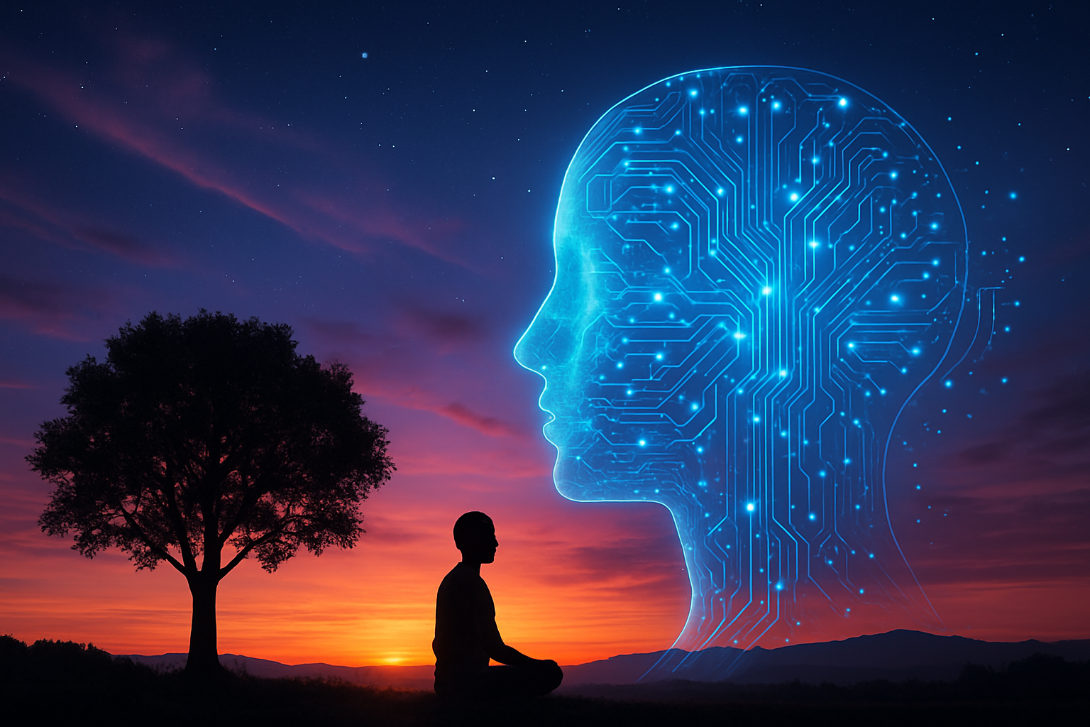 Fusion harmonieuse entre conscience et intelligence, symbolisée par la rencontre du naturel et du technologique.