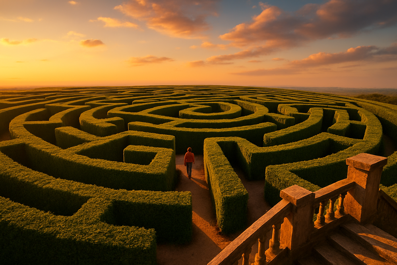 Aérien d’un labyrinthe vert avec personnage marchant à l’intérieur, escalier visible, ciel bleu en arrière-plan.