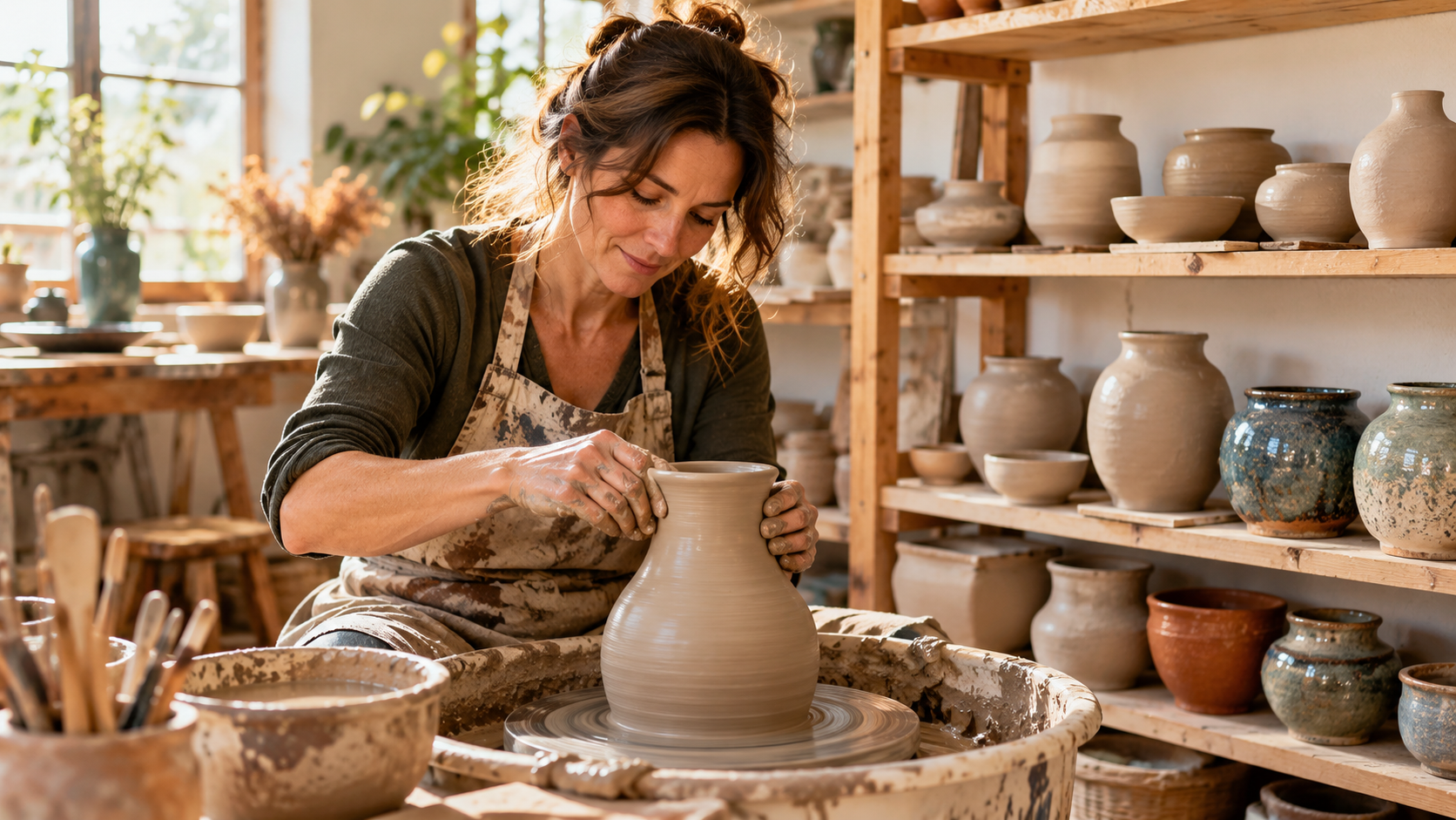Potière façonnant un vase en argile, symbole de transformation intérieure et de progrès en devenir.