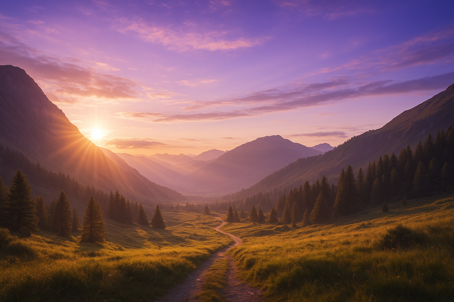 Paysage réaliste au coucher du soleil avec des tons mauves et dorés, symbole de la flamme violette et de la dignité intérieure, illustrant la valeur et l’harmonie.