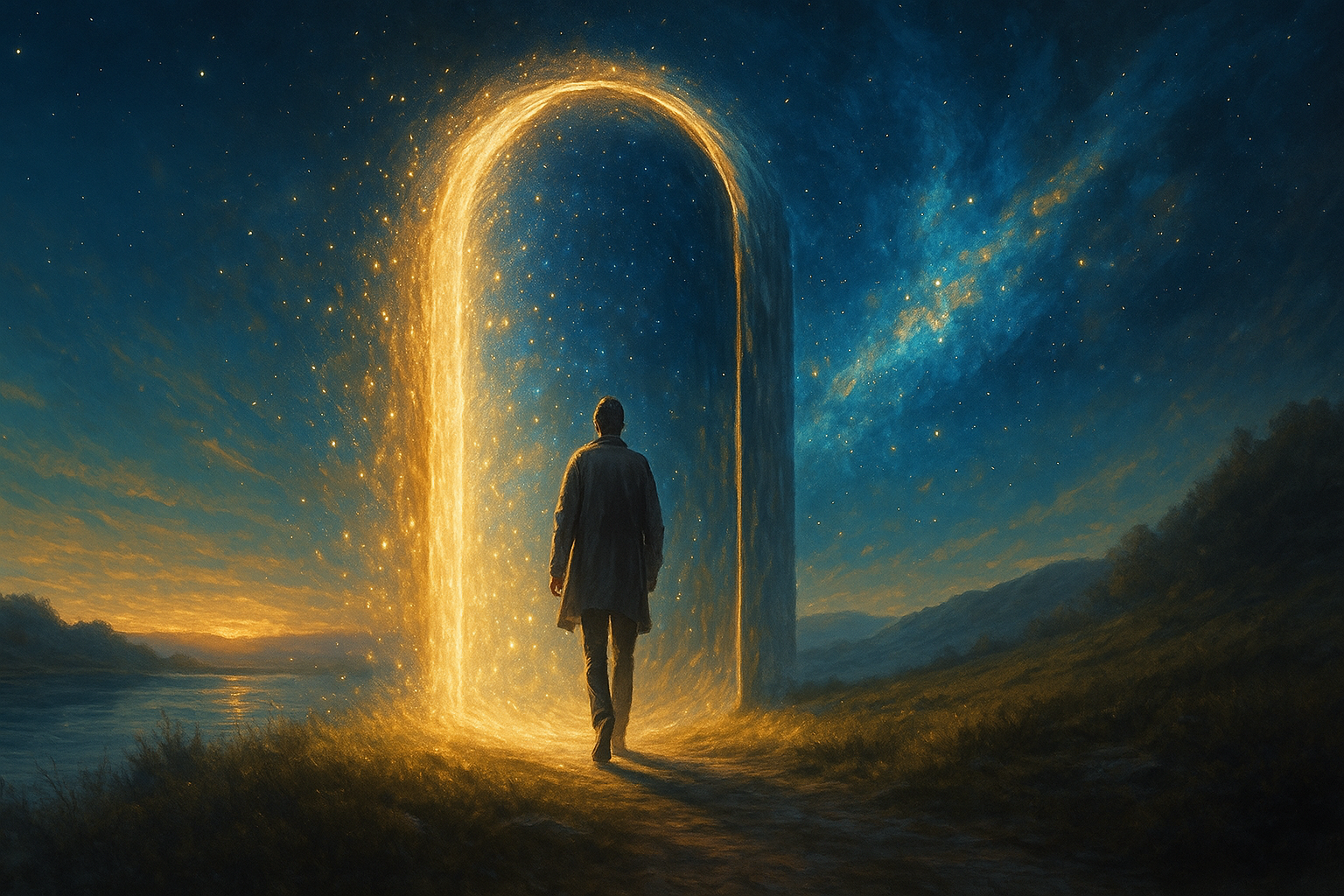 Silhouette avançant vers un portail doré, symbole du passage vers une conscience élargie.