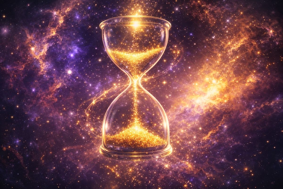 Sablier lumineux dans l’espace symbolisant le timing divin.