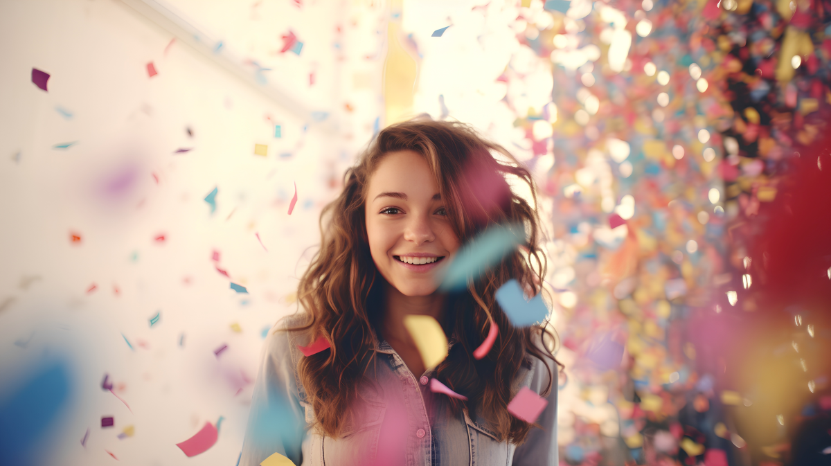 Jeune femme rayonnante sous des confettis colorés, lumière douce et atmosphère festive illustrant l’état d’esprit d’abondance et le rêve déjà-accompli.
