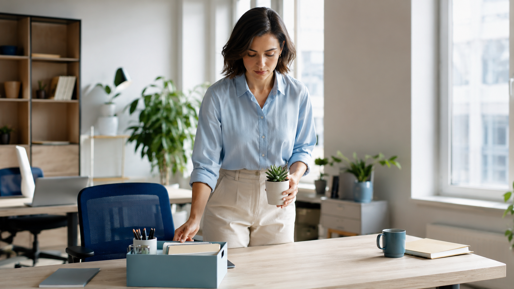 Scène de bureau lumineuse représentant la clarté intérieure, le focus et l’alignement dans les choix du quotidien.